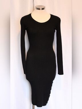 Full Circle Black Ribbed Midi Dress Snap Button Slit Size M